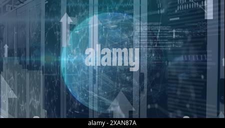 Image of globe, connected dots, up arrow, computer language, graphs over data server racks Stock Photo