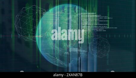Image of connected dots forming globes, computer language, graphs over data server racks Stock Photo
