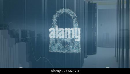 Image of connected dots forming lock and graphs over data server racks Stock Photo