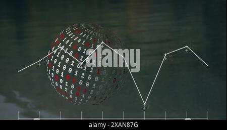 Image of statistical data processing against binary coding over a globe against grey background Stock Photo