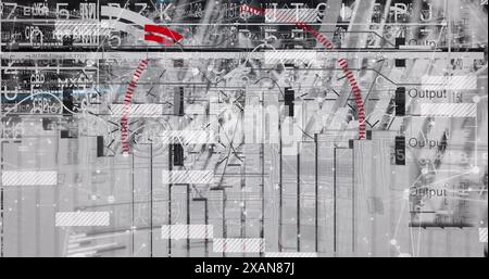 Image of round scanner and interface with data processing against grey background Stock Photo
