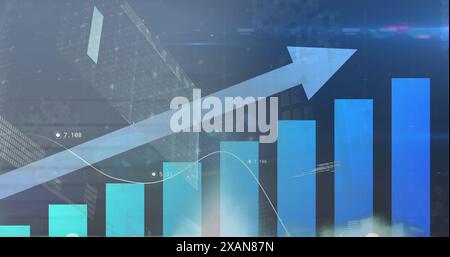 Image of statistical data processing and light spots against blue background Stock Photo