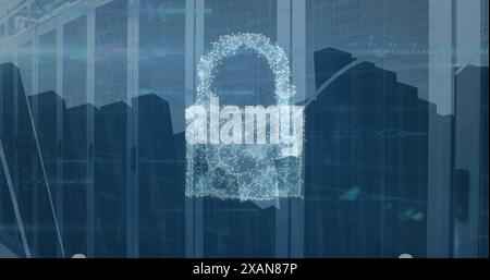 Image of cyber security concept icons and statistical data processing against server room Stock Photo