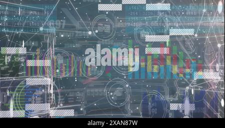 Image of changing numbers, network of connections against interface with data processing Stock Photo