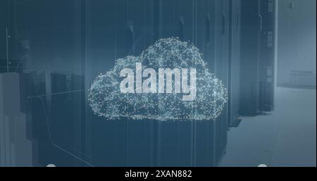 Image of connected dots forming cloud and graphs over data server racks Stock Photo