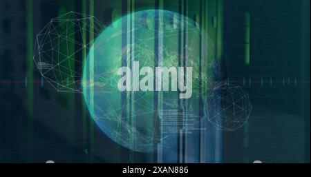 Image of connected dots forming globes, computer language, graphs over data server racks Stock Photo