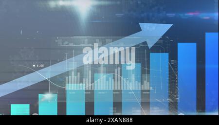 Image of statistical data processing and light spots against blue background Stock Photo