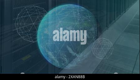 Image of globe, connected dots forming globes and programming language over data server racks Stock Photo