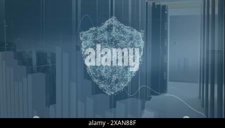 Image of connected dots forming shield and graphs over data server racks Stock Photo