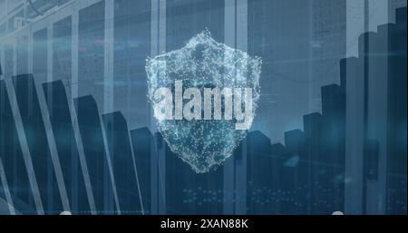 Image of cyber security concept icons and statistical data processing against server room Stock Photo