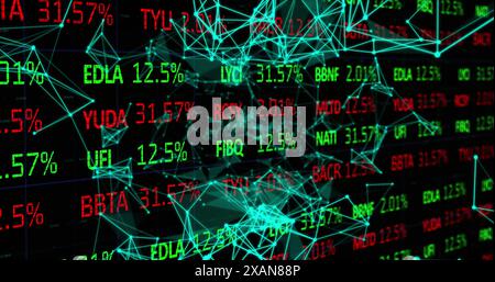 Image of stock market data processing over glowing plexus networks against black background Stock Photo