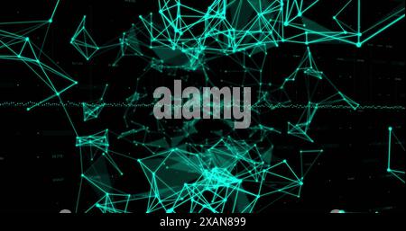 Image of data processing over glowing green plexus networks against black background Stock Photo