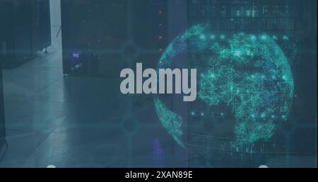 Image of globe rotating, multiple graphs and numbers, grid over data server racks Stock Photo