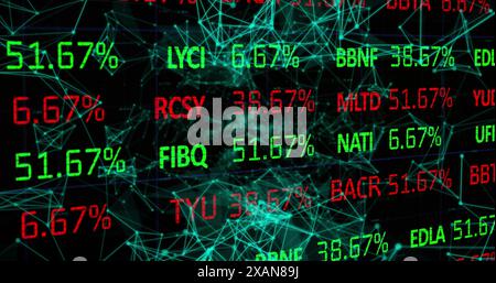 Image of stock market data processing over glowing plexus networks against black background Stock Photo