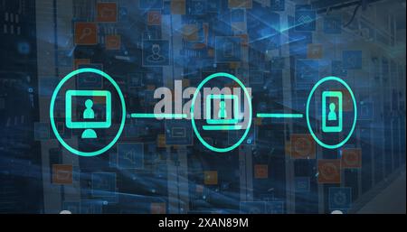 Image of icons, neon lines, data processing over servers Stock Photo