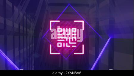 Image of qr code, neon lines, data processing over servers Stock Photo