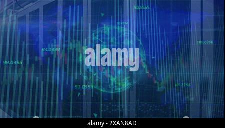 Image of globe with numbers, lines and graphs moving over data server racks Stock Photo