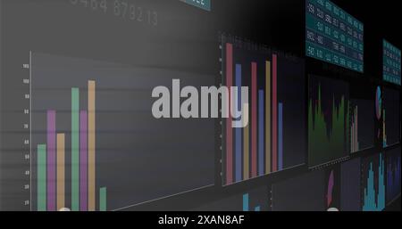 Image of multiple screens with statistical data processing against grey background Stock Photo