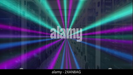 Image of neon lines, data processing over servers Stock Photo