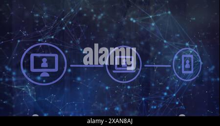 Image of icons over illuminated dots connected with lines forming geometric shape Stock Photo