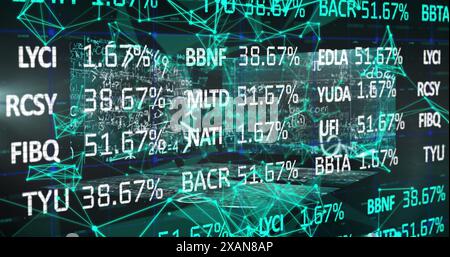 Image of stock market data processing and plexus network against screens with data processing Stock Photo
