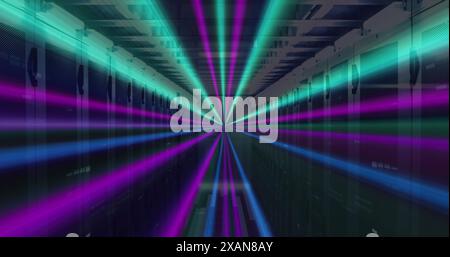 Image of neon lines, data processing over servers Stock Photo
