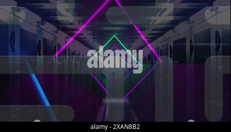 Image of neon lines, data processing over servers Stock Photo