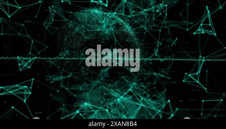 Image of data processing over glowing green plexus networks against black background Stock Photo