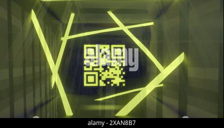 Image of qr code, neon lines, data processing over servers Stock Photo