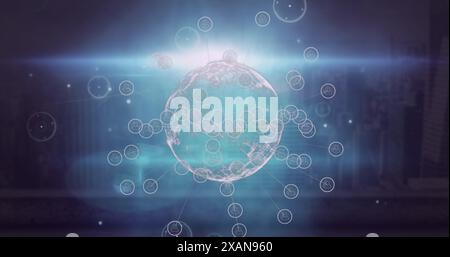 Image of digital icons over spinning globe and light spot against blue background Stock Photo