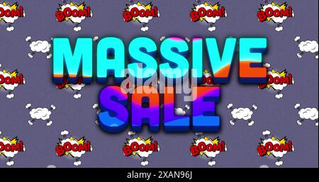 Image of massive sale text over multicolored circular pattern against boom text on clouds Stock Photo