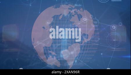 Image of globe with connected dots, graphs icons against abstract background Stock Photo