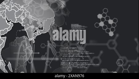 Image of computer language and molecule structures over rotating globe on black background Stock Photo