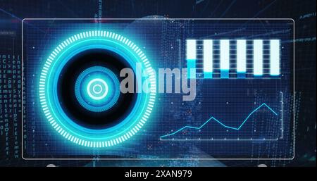 Image of screen with illuminated circle and graphs over programming language Stock Photo