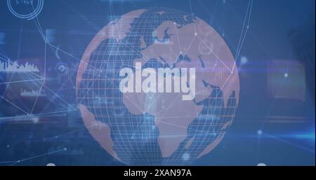 Image of globe with connected dots, graphs icons against abstract background Stock Photo
