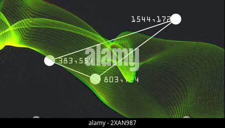 Image of changing numbers around connected dots forming triangle over dynamic wave Stock Photo