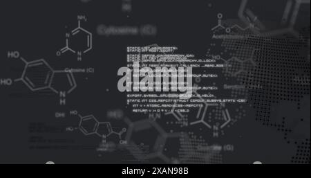 Image of molecule structures, computer language over dots on globe against abstract background Stock Photo