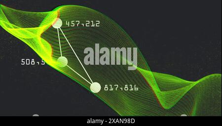 Image of changing numbers around connected dots forming triangle over dynamic wave Stock Photo