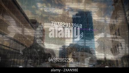 Image of changing numbers, security chain icon and network of connections over tall buildings Stock Photo