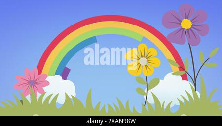Image of flowers and grass over rainbow on blue background Stock Photo