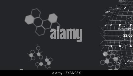 Image of computer language, molecule structures and grid pattern over globe on black background Stock Photo