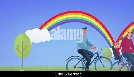 Image of trees and clouds over rainbow on blue background Stock Photo