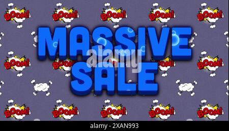 Image of massive sale text over multicolored circular pattern against boom text on clouds Stock Photo
