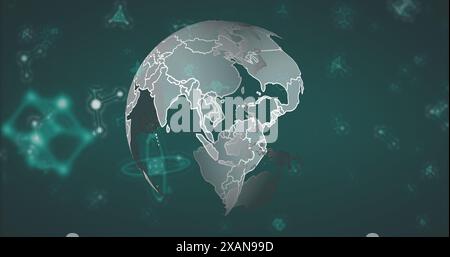 Image of multiple molecules floating over rotating globe against abstract background Stock Photo