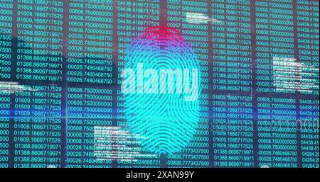 Image of biometric fingerprint scanner and data processing against blue background Stock Photo