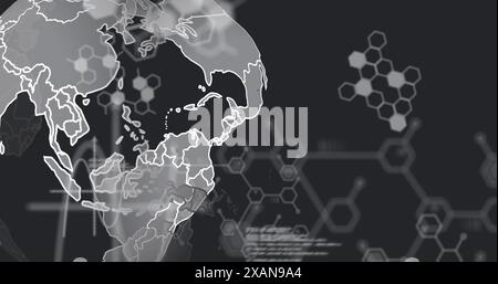 Image of computer language and molecule structures over rotating globe on black background Stock Photo