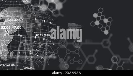 Image of computer language, molecule structures and grid pattern over globe on black background Stock Photo