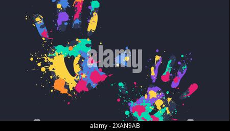 Image of multicolored hand prints against black background Stock Photo
