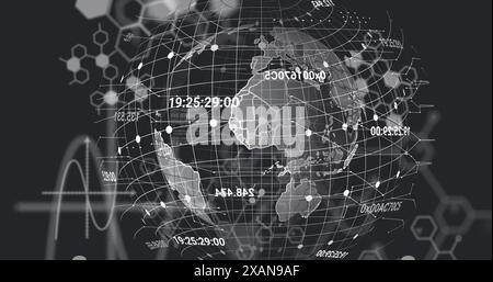 Image of computer language, molecule structures and grid pattern over globe on black background Stock Photo