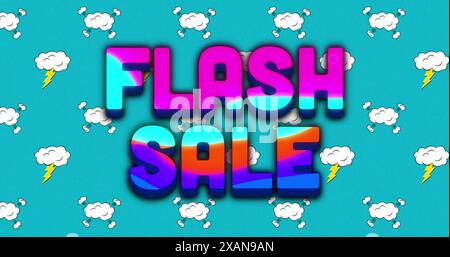 Image of flash sale text over multicolored circular pattern against clouds and lightning Stock Photo